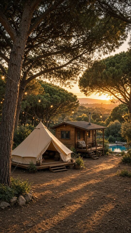 Tente et cabane sous les pins, illustration générée par IA ; aucun camping réel.